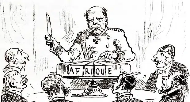 | An uncredited cartoon depicting Otto von Bismarck at the Berlin Conference 1884 85 cutting a cake labeled Africa with a knife symbolizing the division of the continent 3 January 1885 | MR Online